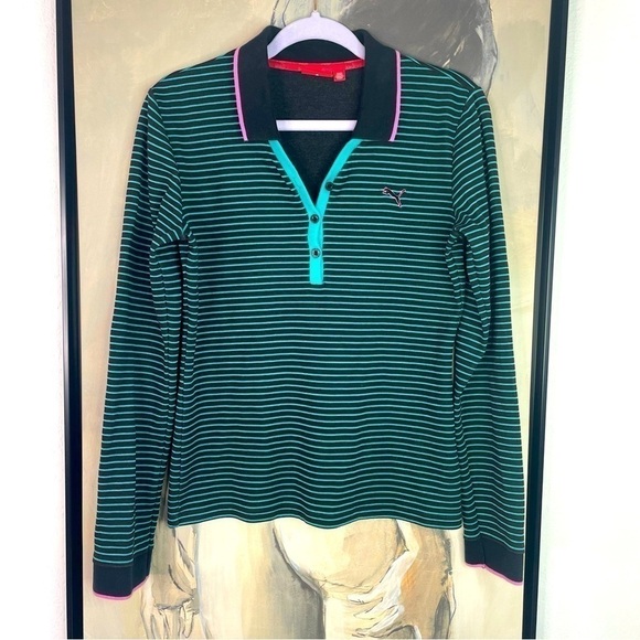 PUMA Long Sleeve Striped Logo Polo Shirt - Picture 1 of 9
